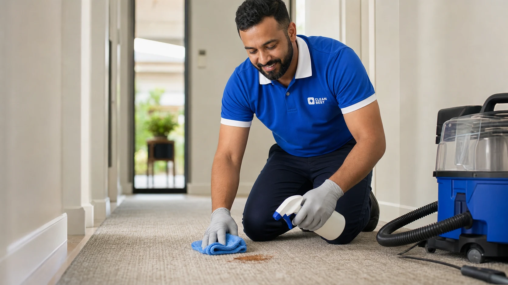 Clean Best technician running a hot-water extraction unit across office carpet during a carpet clean in Parramatta NSW