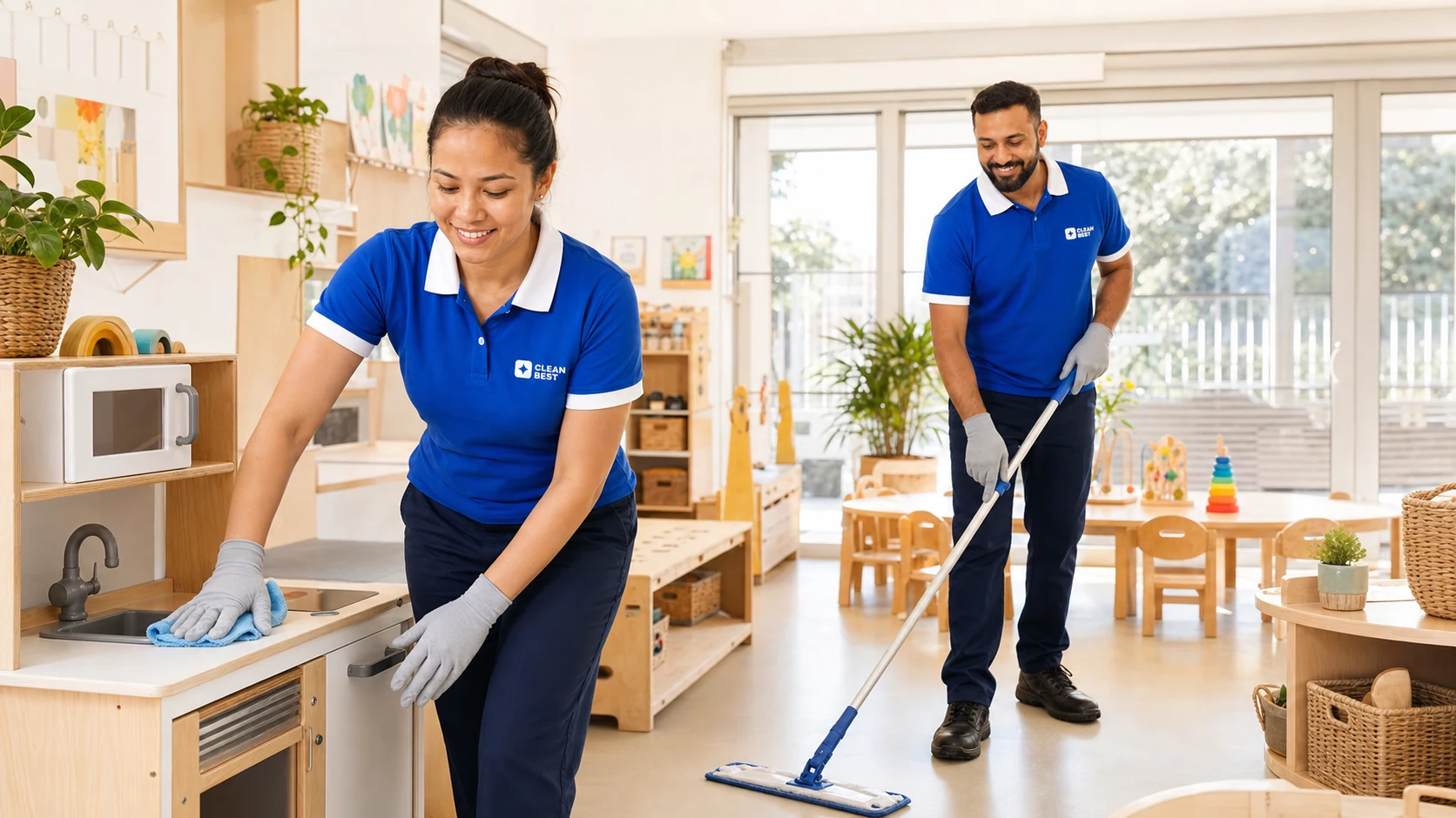 Clean Best cleaner sanitising a play area and low tables during an overnight childcare clean in Parramatta NSW