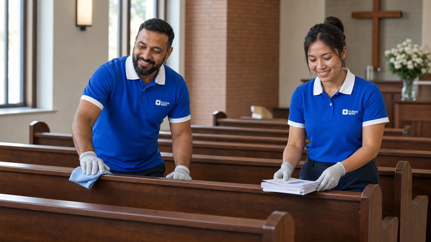 Clean Best cleaner polishing timber pews between services during a church clean in Parramatta NSW