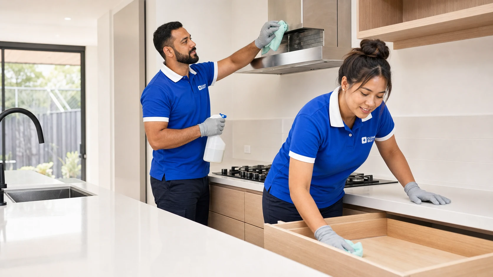 Clean Best cleaner detailing an empty apartment kitchen during an end of lease clean in Parramatta NSW