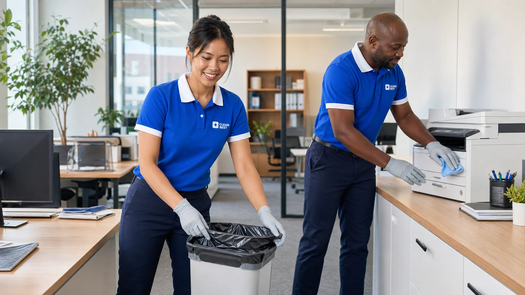 Clean Best cleaner sanitising desks on an open-plan office floor during an evening office clean in Parramatta NSW